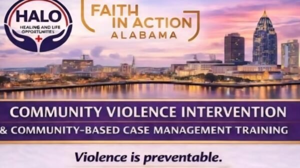 Community Violence Intervention and Community-Based Case Management Training flyer in Mobile Alabama hosted by HALO and Faith in Action Alabama