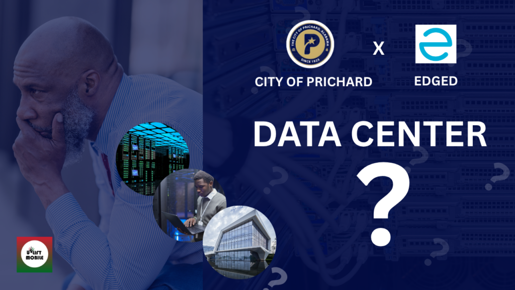 Graphic promoting a story about the proposed Prichard data center development. The image features a thoughtful community leader in the foreground, with the logos of the City of Prichard and Edged displayed above the words “DATA CENTER?” on a dark blue background. Circular images of server racks, a technology professional, and a modern data center building are included, symbolizing digital infrastructure and technology investment. The design raises questions about the potential impact of a proposed data center project in Prichard, Alabama.