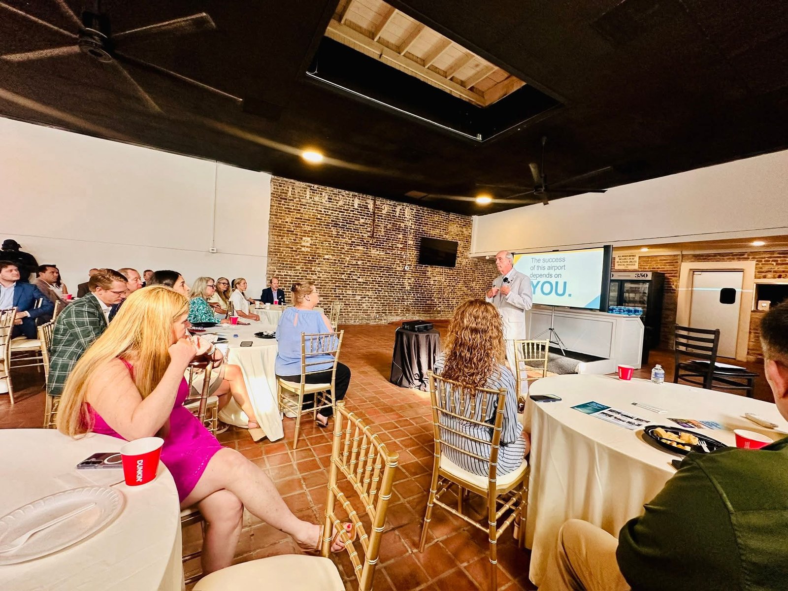 Mobile Airport Authority Chairman Sandy Stimpson provides an update on the Mobile International Airport BFM terminal project at a downtown Mobile breakfast briefing.