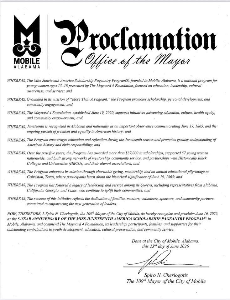 A close-up photograph of the official City of Mobile mayoral proclamation document. The page features the city's logo, a prominent gothic heading reading 'Proclamation,' and structured paragraphs detailing the history of the Miss Juneteenth America Scholarship Pageantry Program, concluded by the mayor's signature at the bottom.