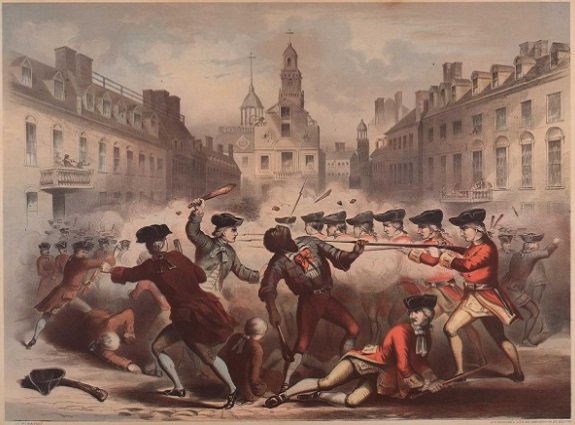 Historical lithograph of the Boston Massacre depicting Crispus Attucks as the American Revolution's first casualty.