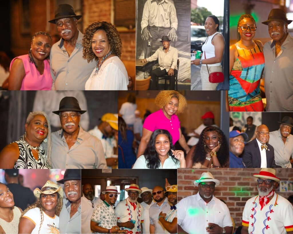 A collage of multiple candid photos documenting the Kazoola After 5 Seafood Fest, showing Mobile legend Cleon Jones, wearing a fedora and various button-down shirts, posing and smiling with numerous attendees, friends, and family members