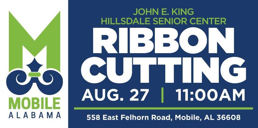 Official ribbon-cutting flyer for the John E. King Hillsdale Senior Center on a navy blue background, listing the event for Thursday, Aug. 27 at 11 a.m. at 558 East Felhorn Road.