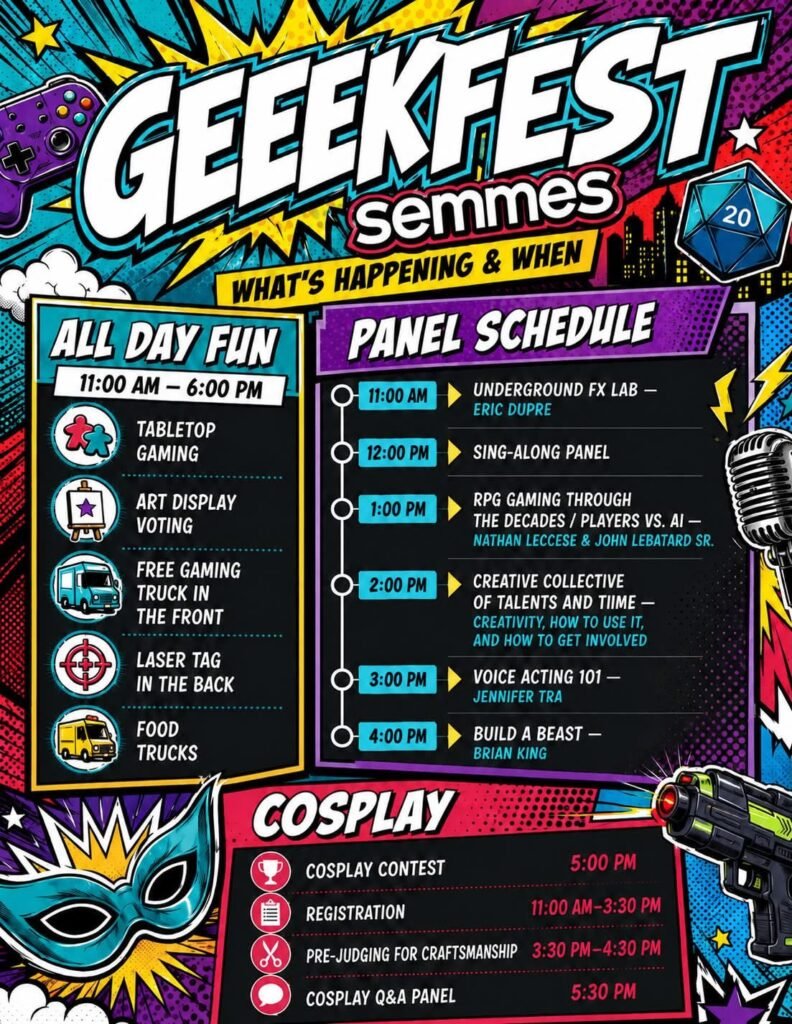 An image showing the official schedule flyer for "GeekFest Semmes," a pop culture and gaming event. The flyer is divided into three main color-coded sections: "All Day Fun" on the left listing activities like tabletop gaming, a gaming truck, and food trucks; a "Panel Schedule" on the right detailing hourly events from 11:00 AM to 4:00 PM; and a "Cosplay" section at the bottom outlining registration, contest, and Q&A times. The design is vibrant and comic-book-styled with illustrated accents of a gaming controller, a microphone, a masquerade mask, and a sci-fi blaster.