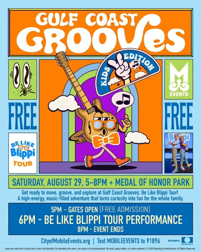 Official event flyer for "Gulf Coast Grooves: Be Like Blippi Tour - Kids Edition," featuring an orange and blue retro design. The central graphic is a walking cartoon electric guitar with large glasses and a bow tie, alongside a 'Peace Sign' icon labeled 'Kids Edition.' Large text details the date: Saturday, August 29, 5-8 p.m. at Medal of Honor Park. Further text confirms free admission, gate times, and performance times.