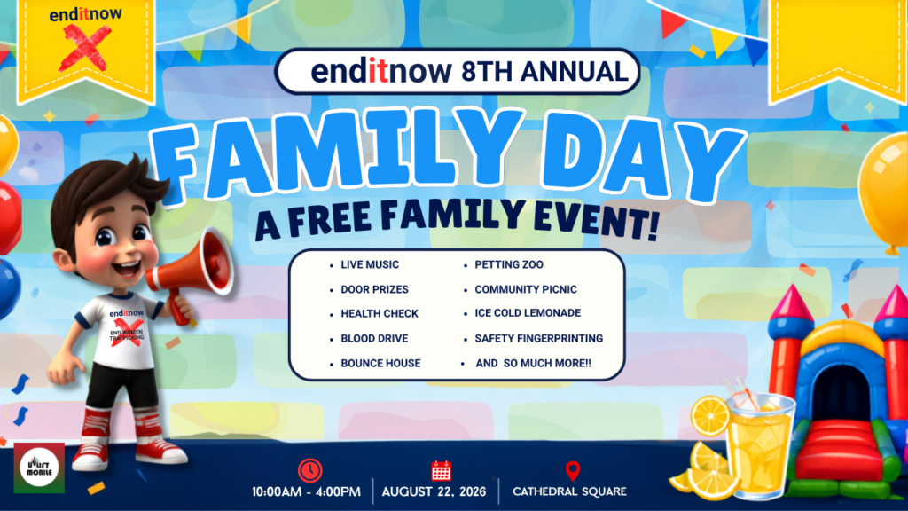 Event flyer for the 8th annual endITnow Family Day on August 22, 2026, at Cathedral Square. The graphic features a cartoon character holding a megaphone next to text listing activities like live music, a blood drive, a bounce house, and health checks, with a blue brick background and colorful party decorations.