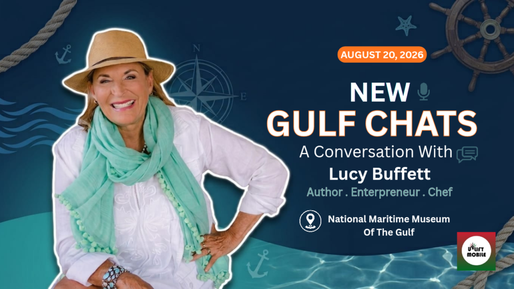 Promotional banner for an August 20, 2026, Gulf Chats event featuring a photo of author, entrepreneur, and chef Lucy Buffett wearing a sun hat and a turquoise scarf, smiling with her hand on her hip. Text on the graphic reads: "New Gulf Chats, A Conversation With Lucy Buffett, National Maritime Museum of the Gulf."