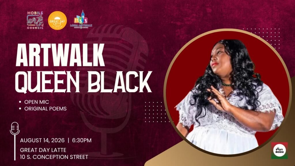 Ashley Waller aka Queen Black advertisement for Poetry Open Mic at Great Day Latte during LoDa ArtWalk