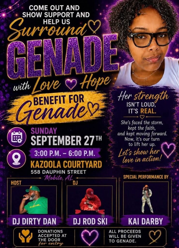 Flyer for the "Benefit for Genade" community event on Sunday, September 27, from 3:00 P.M. to 6:00 P.M. at Kazoola Courtyard, 558 Dauphin Street, Mobile, AL, featuring music and performances by DJ Dirty Dan, DJ Rod Ski, and Kai Darby. 
