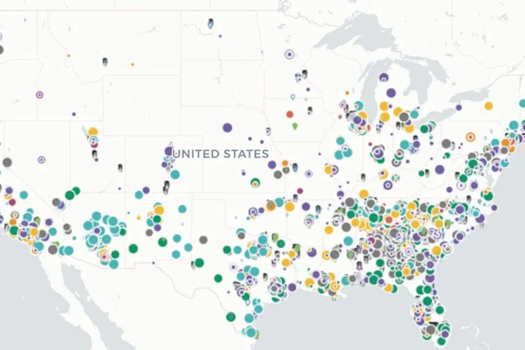 Map of the United States displaying regional data points and distribution clusters for automated license plate readers.