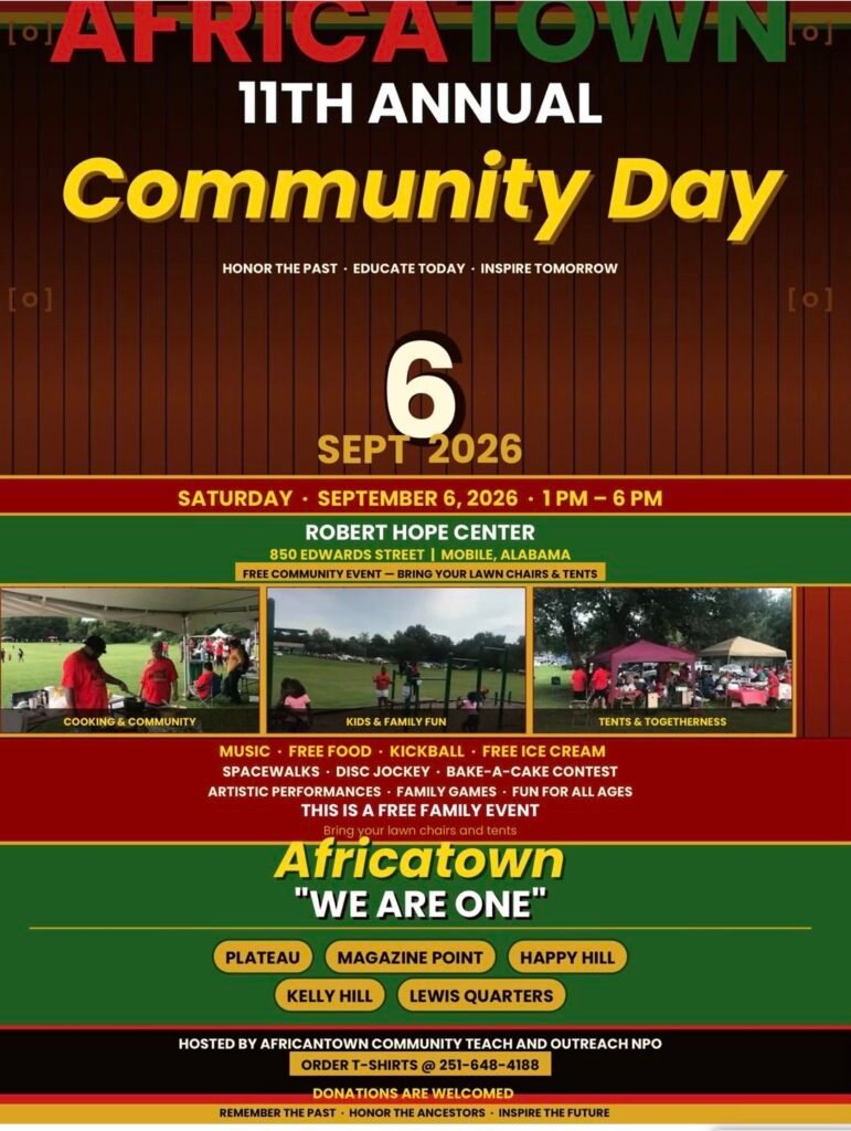 Event flyer for the 11th Annual Africatown Community Day on Saturday, September 6, 2026, listing free activities, music, food, and the event location at 850 Edwards Street in Mobile, Alabama.