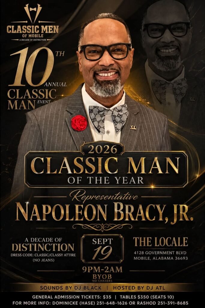 Event flyer featuring a portrait of Representative Napoleon Bracy, Jr., the 2026 Classic Man of the Year. The black and gold flyer announces the "10th Annual Classic Man Event" on Saturday, September 19, 2026, at The Locale in Mobile, Alabama, celebrating "A Decade of Distinction."