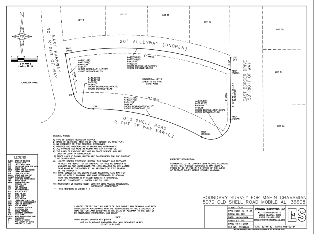 Boundary survey document for the property at 5070 Old Shell Road.