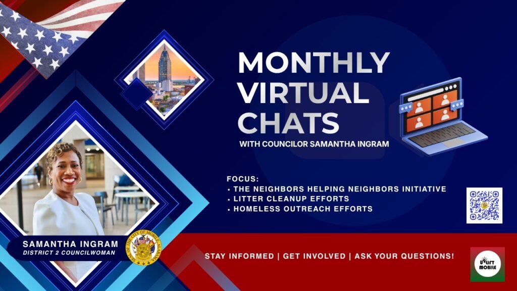 Promotional graphic for the Monthly Virtual Chat with District 2 Councilwoman Samantha Ingram, featuring a portrait of the councilwoman, event details, and an illustration of a laptop with video call participants.