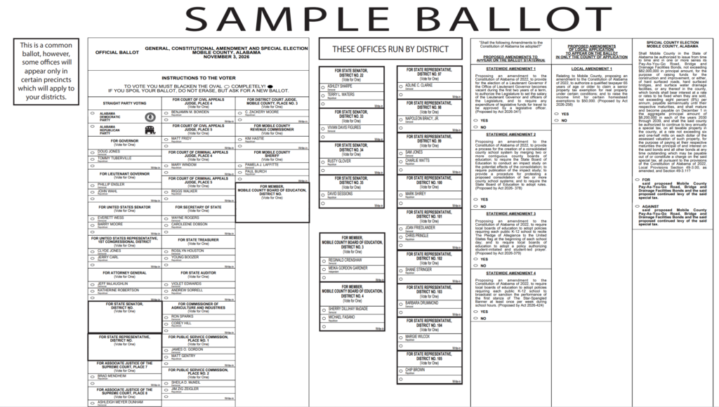2026 sample ballot showing local and statewide election information.