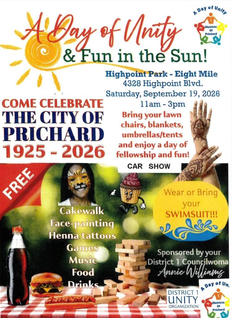 A Day of Unity & Fun in the Sun' hosted by District 1 Councilwoman Annie Williams and the District 1 Unity Organization at Highpoint Park in Prichard on Saturday, September 19, 2026, featuring a car show, food, face painting, and family activities.
