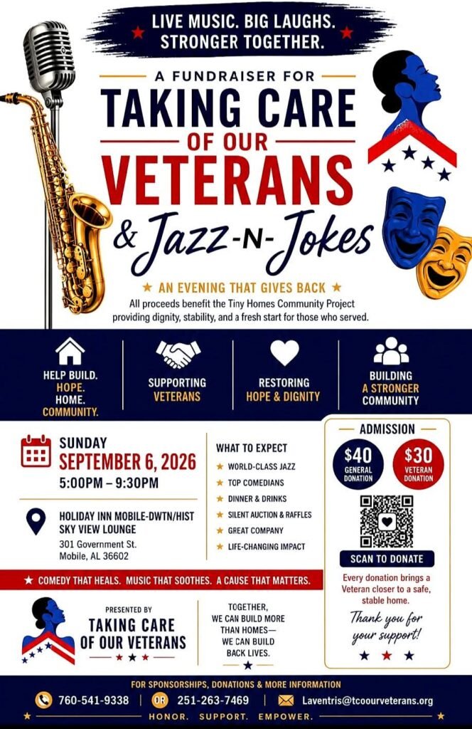 Event flyer for the Taking Care of Our Veterans Jazz-N-Jokes fundraiser on September 6, 2026, featuring a saxophone, comedy masks, and event details for the Holiday Inn Mobile Sky View Lounge.
