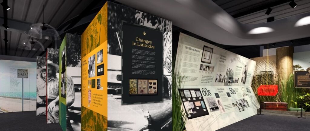 Interior view of the Son of a Son of a Sailor Experience museum exhibit featuring historical panels, photographs, and text about Jimmy Buffett.