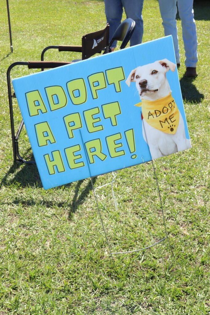 A blue lawn sign displaying a white dog wearing a yellow bandana that reads "Adopt Me" next to large yellow text reading "Adopt A Pet Here!"