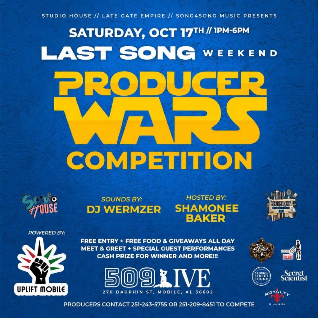 A blue event flyer for the "Producer Wars Competition" taking place on Saturday, October 17th from 1:00 PM to 6:00 PM at 509 Live (270 Dauphin St, Mobile, AL). The text highlights sounds by DJ Wermzer, hosting by Shamonee Baker, and powered by UpLift Mobile. It promises free entry, free food, giveaways, a meet and greet, special guest performances, and a cash prize for the winner. Contact numbers for producers to compete are listed at the bottom.