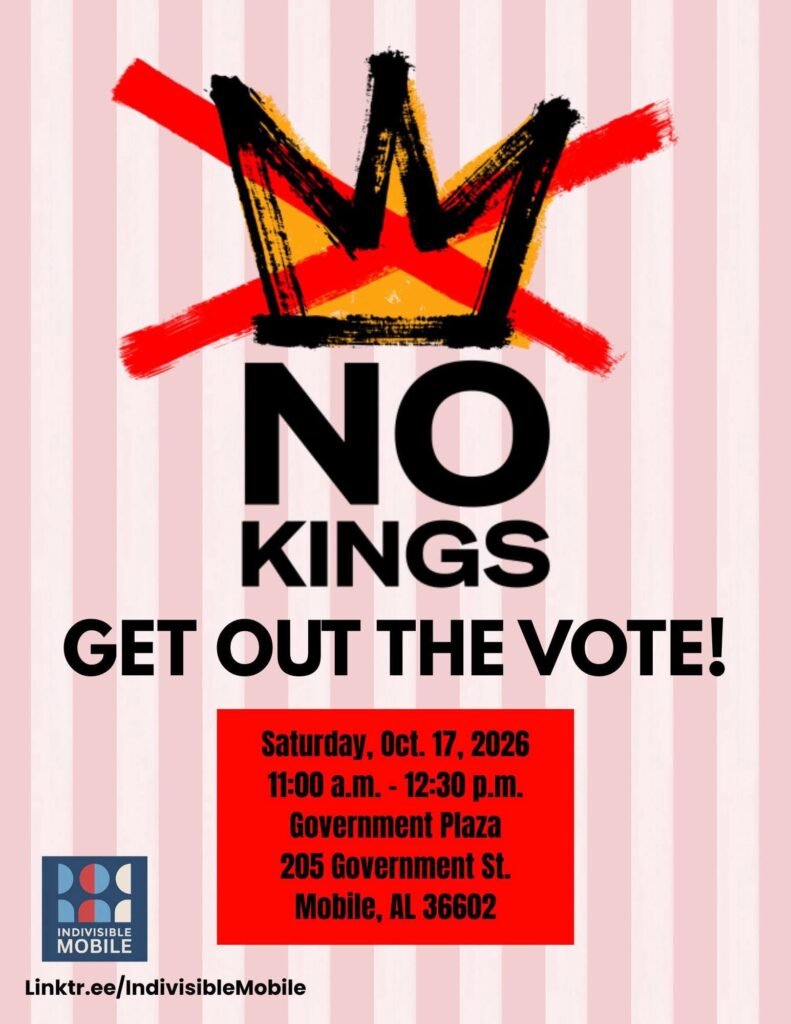 A promotional flyer for a voter mobilization event in Mobile, Alabama. At the top, a bold graphic features a stylized black crown with a thick red 