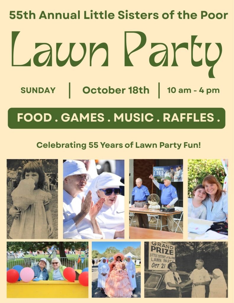Flyer for the 55th Annual Little Sisters of the Poor Lawn Party on Sunday, October 18th from 10 am to 4 pm featuring event details and a collage of past festival photos.