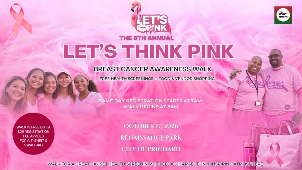 Pink event banner titled The 8th Annual Let’s Think Pink Breast Cancer Awareness Walk. The layout features group photos of smiling supporters in pink shirts on the left alongside founder Tracy Walker and her husband on the right. Central text lists logistics: Saturday, October 17th, 2026, at Renaissance Park in the City of Prichard. Text specifies same-day registration starts at 7:00 AM and the walk begins at 8:00 AM. A lower-left dark pink circle badge notes participation is free with an optional $25 fee for a t-shirt and swag bag.